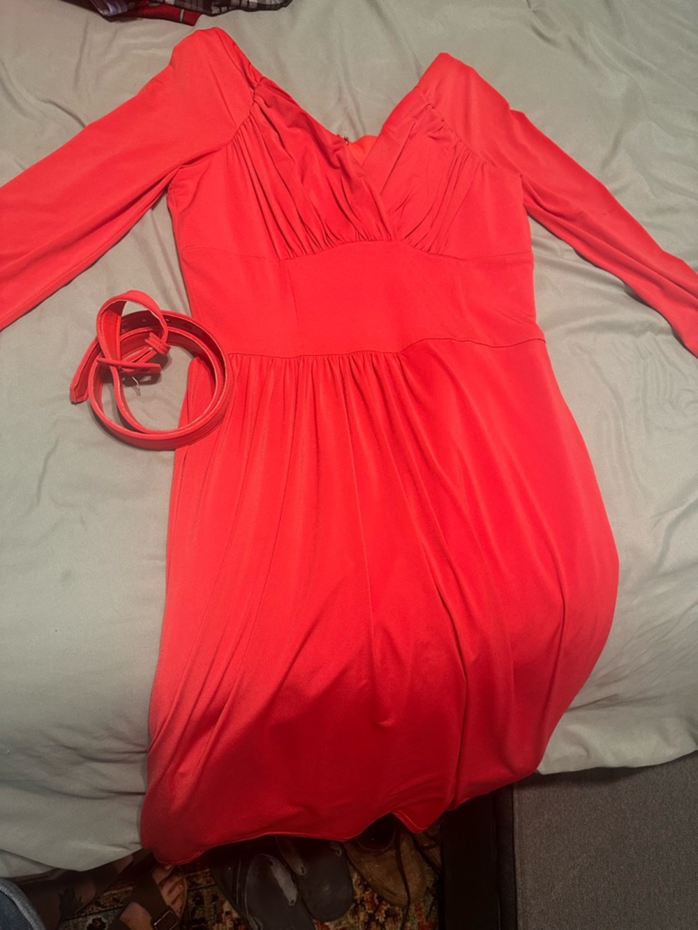 Vixen by Micheline Pitt Coral Long-Sleeve V-Neck Belted Dress
